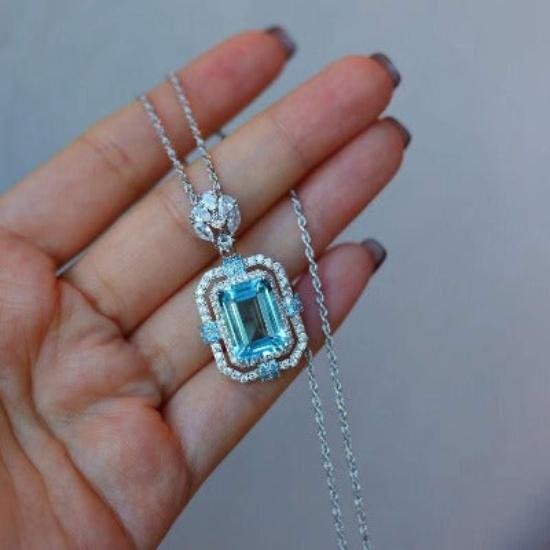 Sparkling Blue Topaz Square Pendant Necklace - Image 2