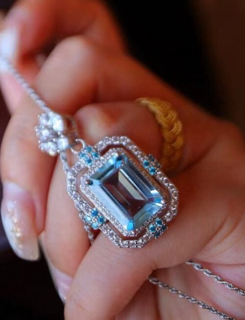 Sparkling Blue Topaz Square Pendant Necklace