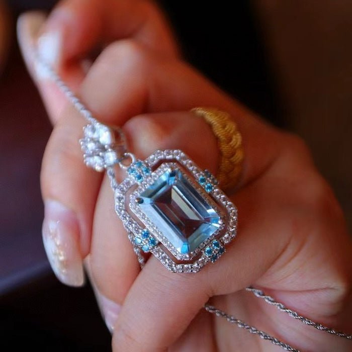 Sparkling Blue Topaz Square Pendant Necklace