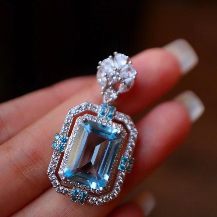 Sparkling Blue Topaz Square Pendant Necklace - Image 5