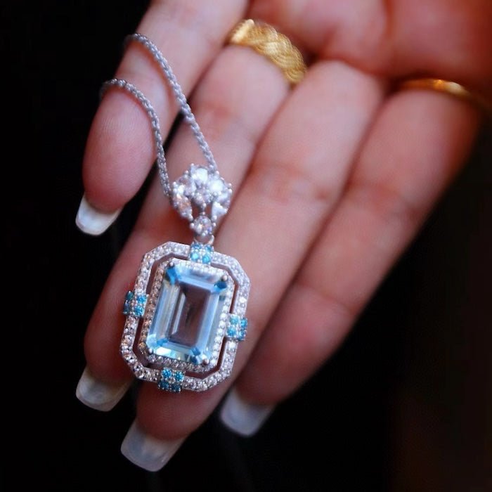 Sparkling Blue Topaz Square Pendant Necklace - Image 3