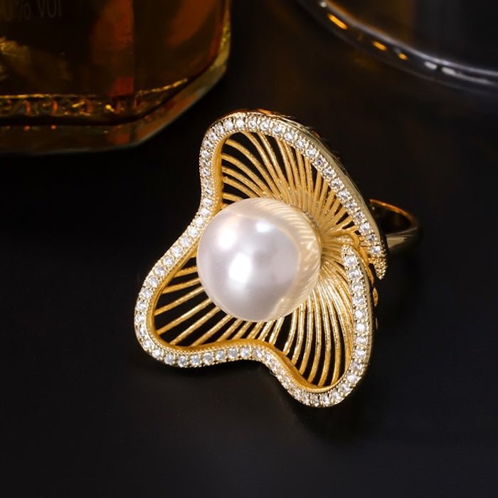Lotus Design Sparkling Pearl Earrings n Rings - Image 10