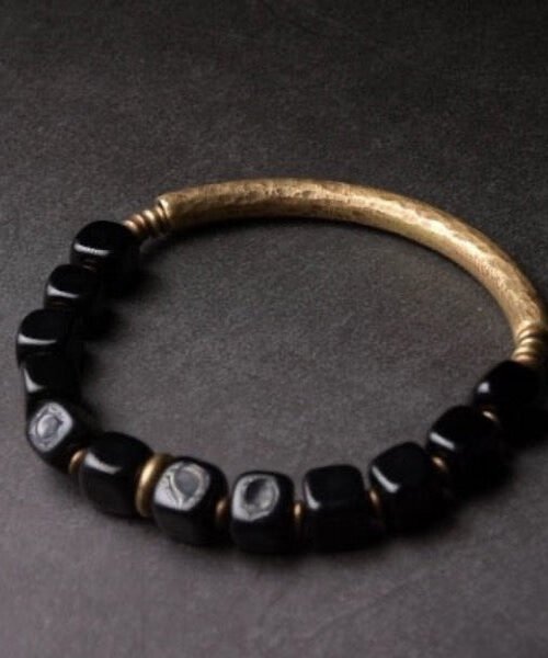 Black Obsidian Blocks Bracelet with Bronze Bangle