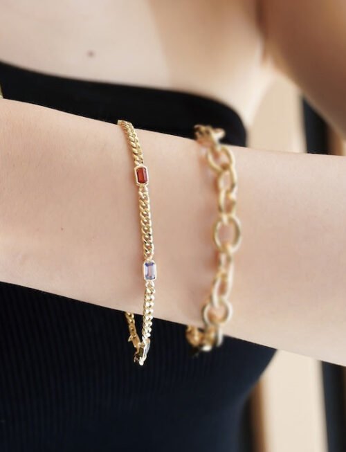 Gold Vermeil Cuban Chain Bracelets with Rainbow Stones