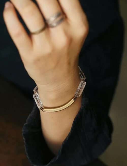 Clear Quartz Square Bar Bracelet with Bronze Charm